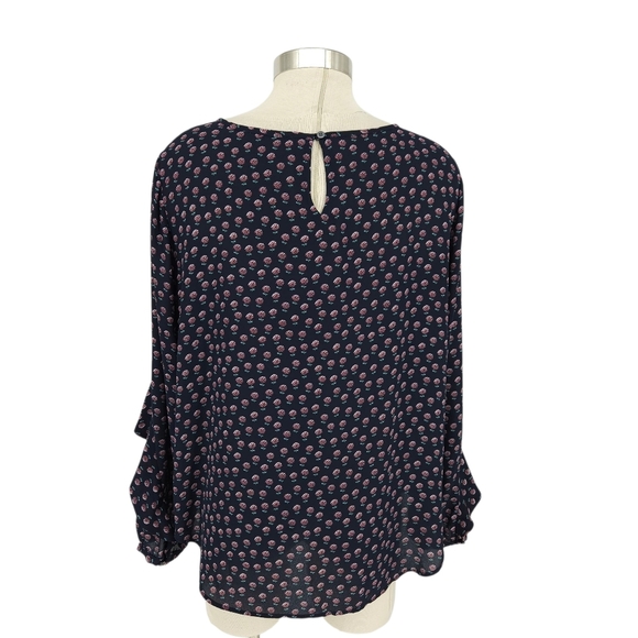 Ann Taylor LOFT Blouse Navy Blue Floral Ruffle Long Sleeve Shirt Large - Picture 3 of 7